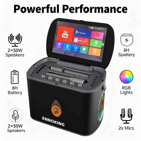 ENNOKING K90 BT Karaoke Machine with 2 Wireless Microphones Rechargeable Home KTV System for Party Singing Entertainment