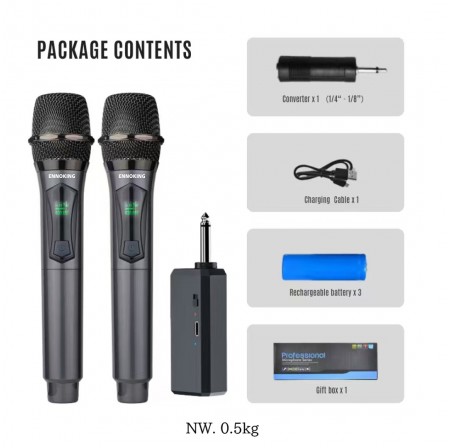 ENNOKING U8 Wireless Dynamic Microphone System with Rechargeable Battery, 50Hz-18kHz Frequency Response for Karaoke Live Streaming